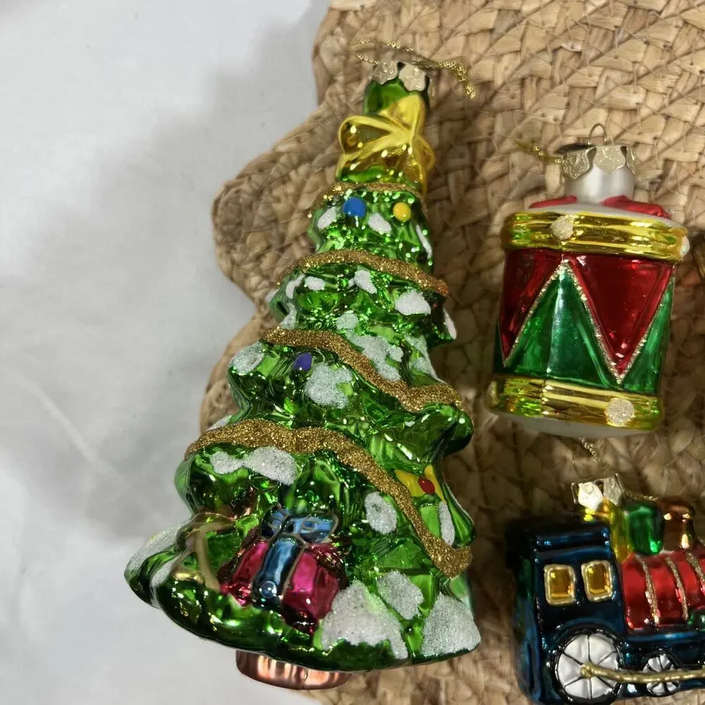 Vintage Thomas Pacconi Glass Christmas Tree 3.5” & 6.5” + Drum Train Ornaments